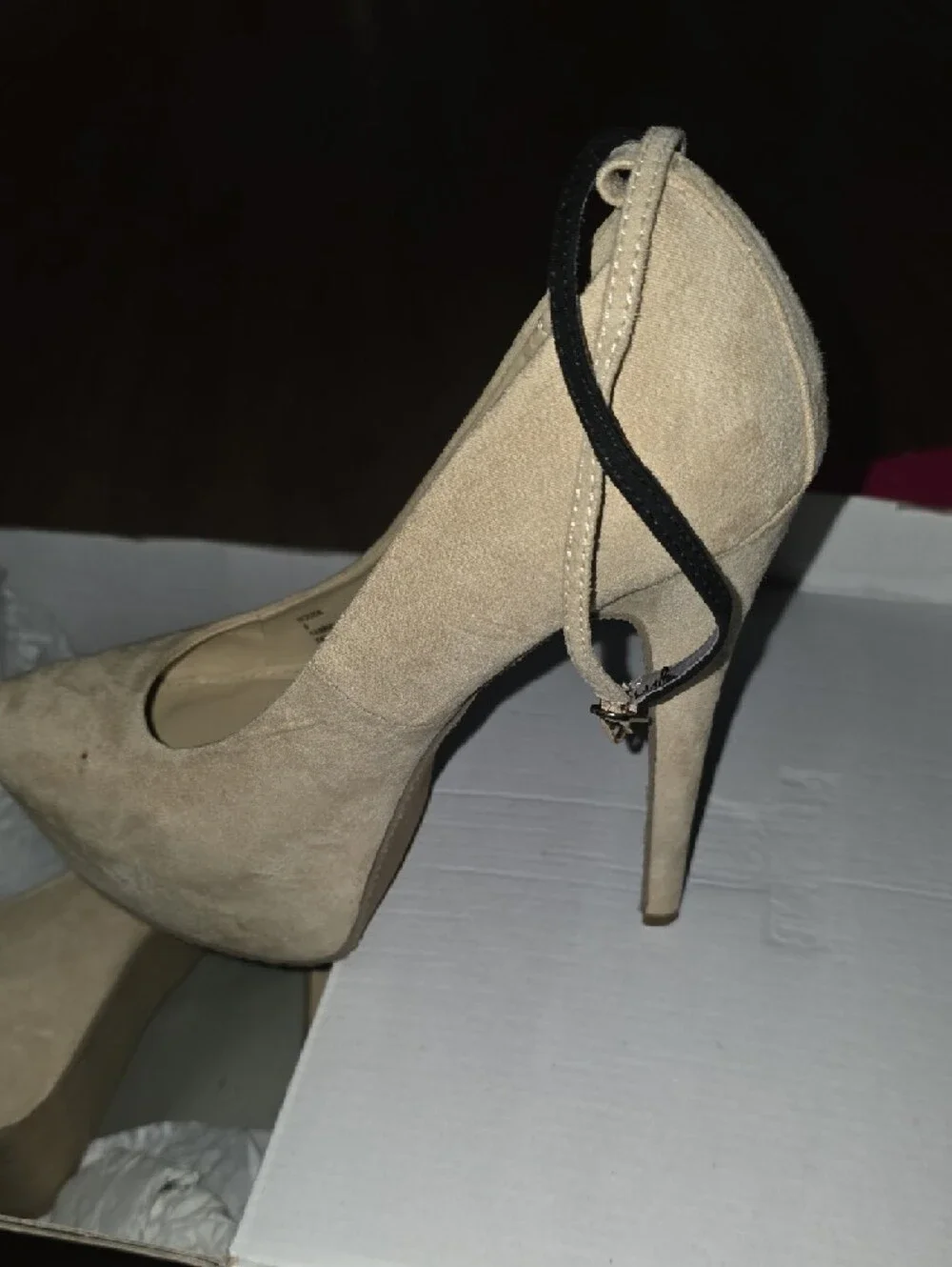 JustFab Taupe Suede Platform Stiletto Heels with Ankle Strap - Picture 6 of 6